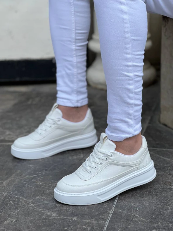 KB-006 Beyaz Cilt  Yüksek Taban Bağcıklı Günlük Erkek Ayakkabı - Resim 2