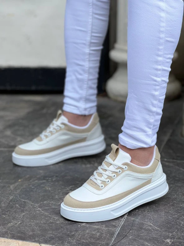 KB-006 Beyaz Cilt Bej Süet  Yüksek Taban Bağcıklı Günlük Erkek Ayakkabı - Resim 2