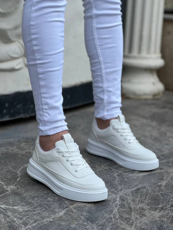 KB-006 Beyaz Cilt  Yüksek Taban Bağcıklı Günlük Erkek Ayakkabı - Resim 3