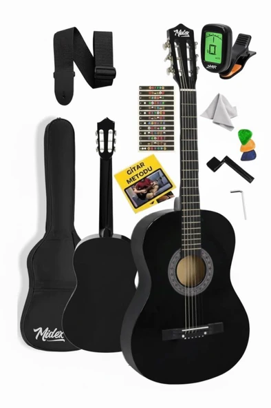 Midex CG-270BK Siyah Klasik Gitar 4/4 Yetişkin Boy Sap Ayarlı Full Set ürün görseli 1
