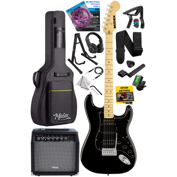 Midex RPH-40BK-35AMP Full Black 35W Şarjlı BT Amfili Elektro Gitar Seti HSH Manyetik Maple Klavye