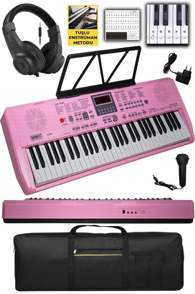 Midex PS-1800PK-H 61 Tuşlu Kaliteli Pembe Org Dijital Ekranlı Kulaklık Çanta Notalık Adaptör Sticker Metod ürün görseli 1