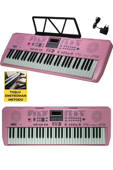 Midex PS-1800PK-SET 61 Tuşlu Kaliteli Pembe Org Dijital Ekran Stand Kulaklık Çanta Notalık Adaptör Sticker Metod - Resim 3