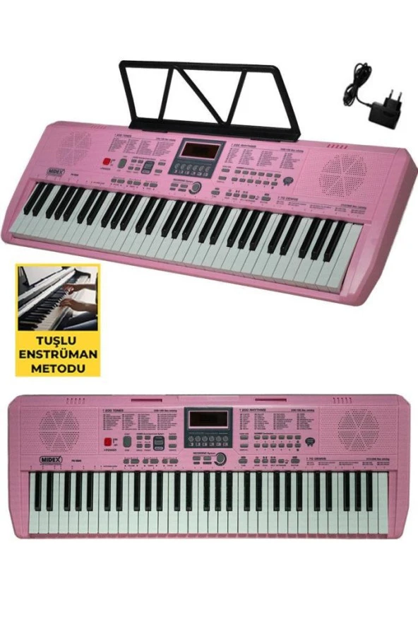 Midex PS-1800PK-SET 61 Tuşlu Kaliteli Pembe Org Dijital Ekran Stand Kulaklık Çanta Notalık Adaptör Sticker Metod - Resim 3