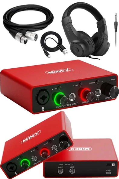 Midex GLX-700RD-H Üst Segment Usb Stüdyo Ses Kartı 2 Giriş 2 Çıkış 24bit/192kHz (Kulaklık ve kablo Dahil) ürün görseli 1