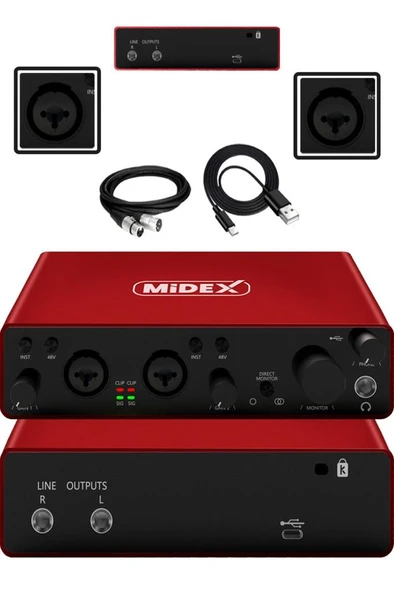 Midex GLX-800RD Üst Segment Usb Stüdyo Ses Kartı 2 Giriş 2 Çıkış 24bit/192kHz ürün görseli