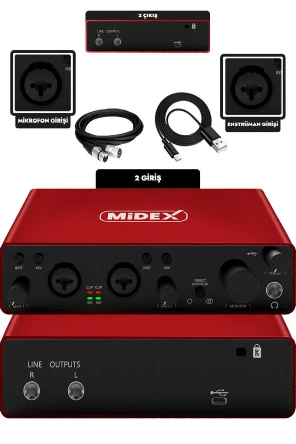 Midex Glx-800Rd Üst Segment Usb Stüdyo Ses Kartı 2 Giriş 2 Çıkış 24Bit/192Khz - Resim 2