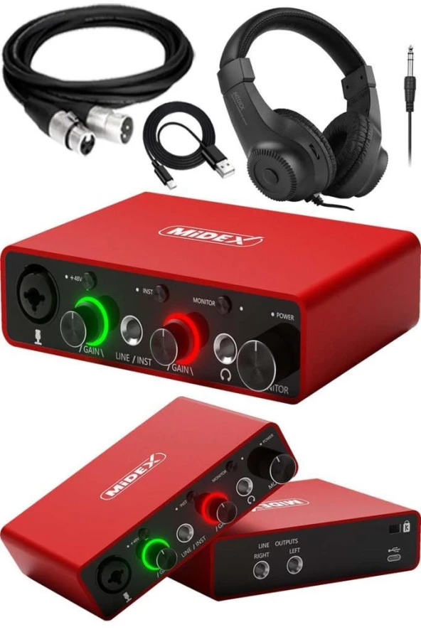 Midex GLX-700RD-H Üst Segment Usb Stüdyo Ses Kartı 2 Giriş 2 Çıkış 24bit/192kHz (Kulaklık ve kablo Dahil) - 2