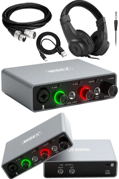 Midex GLX-700GR-H Üst Segment Usb Stüdyo Ses Kartı 2 Giriş 2 Çıkış 24bit/192kHz (Kulaklık ve kablo Dahil) ürün görseli