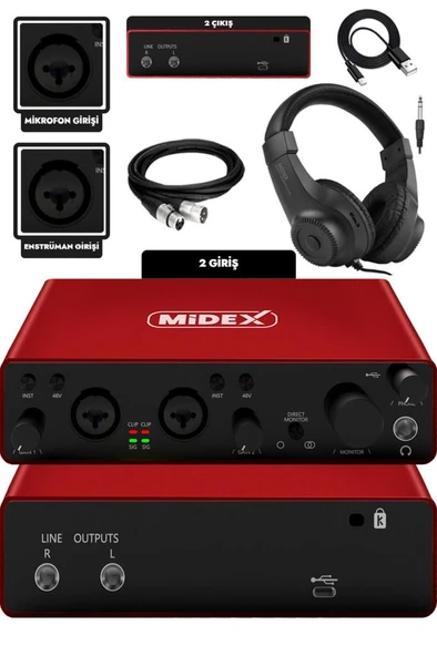 Midex GLX-800RD-H Üst Segment Usb Stüdyo Ses Kartı 2 Giriş 2 Çıkış 24bit/192kHz (Kulaklık kablo Dahil) - Resim 3