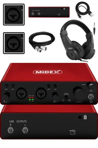 Midex GLX-800RD-H Üst Segment Usb Stüdyo Ses Kartı 2 Giriş 2 Çıkış 24bit/192kHz (Kulaklık kablo Dahil) ürün görseli 1