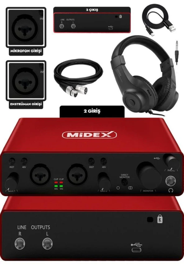 Midex GLX-800RD-H Üst Segment Usb Stüdyo Ses Kartı 2 Giriş 2 Çıkış 24bit/192kHz (Kulaklık kablo Dahil) - Resim 3