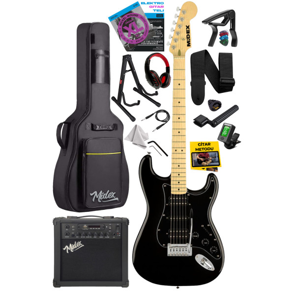 Midex RPH-40XBK-25AMP Black Elektro Gitar Seti 25 WATT GAİN'Lİ Bluetooth Şarjlı Amfi ve Full SET