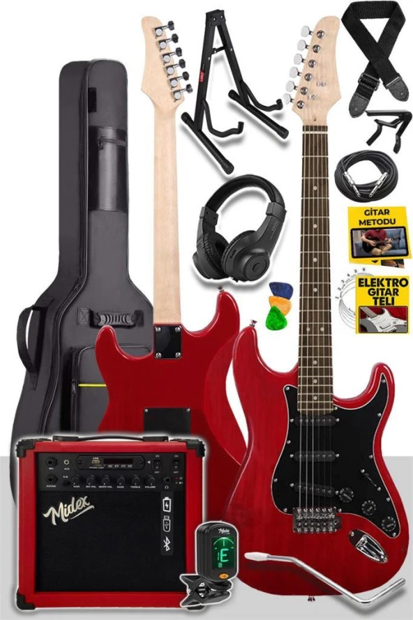 Midex RPH30RD-25AMP RED Elektro Gitar Seti 25 WATT GAİNLİ Şarjlı Amfi ve Full SET
