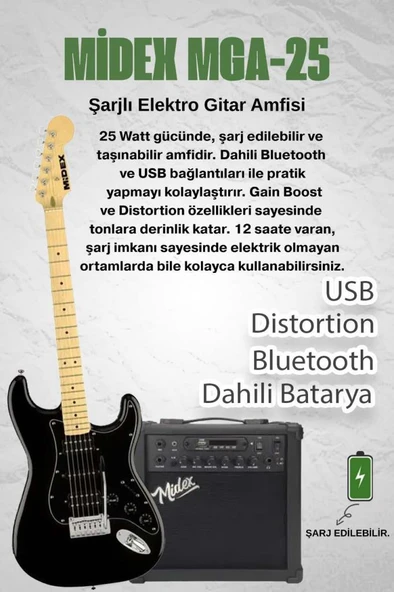 Midex RPH-40BK-25AMP Elektro Gitar Seti 25 WATT GAİN'Lİ Bluetooth Şarjlı Amfi ve Full SET - Resim 2