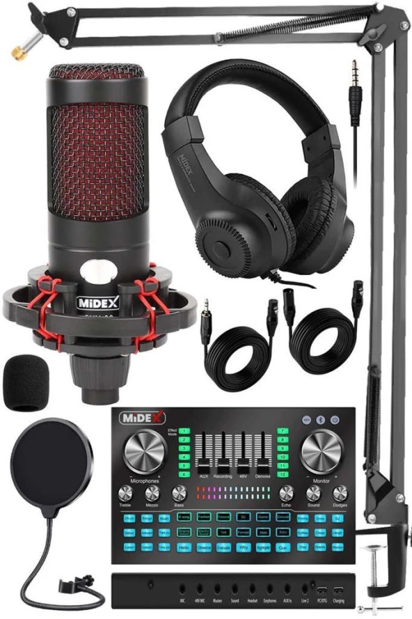 Midex CXN-30 Paket-12 VS20 Ses Kartlı Condenser Mikrofon Stand Kulaklık Seti