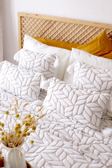 İskandinav Yatak Örtüsü Seti Çift Kişilik Set Bohem Punch Panç Desen Lotus Bej - Resim 2