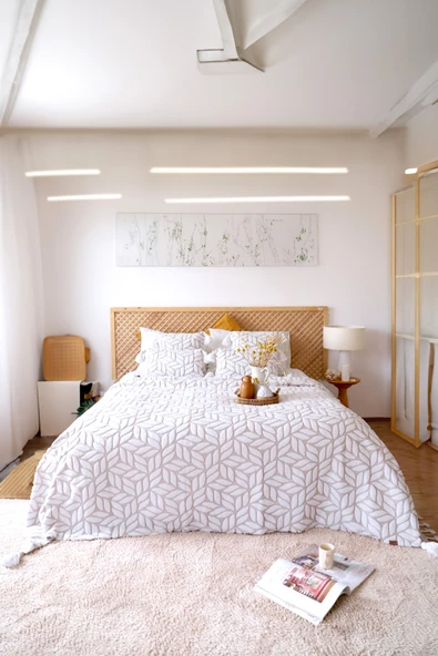 İskandinav Yatak Örtüsü Seti Çift Kişilik Set Bohem Punch Panç Desen Lotus Bej - Resim 3