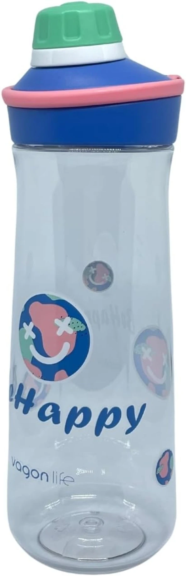 Vagonlife 650ML VGN0808 Döndürülerek Açılan Rahat Kapaklı Kulplu Desenli Gövde Polikarbon Su Matarası (Mavi-Pembe)