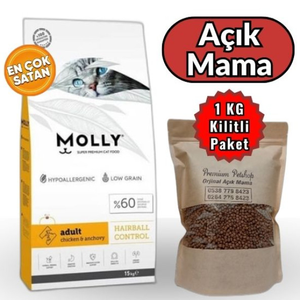 Molly Hairball 1 Kg Özel Kilitli Paket Düşük Tahıllı Tavuk Etli ve Hamsili Balıklı Yetişkin Kedi Maması