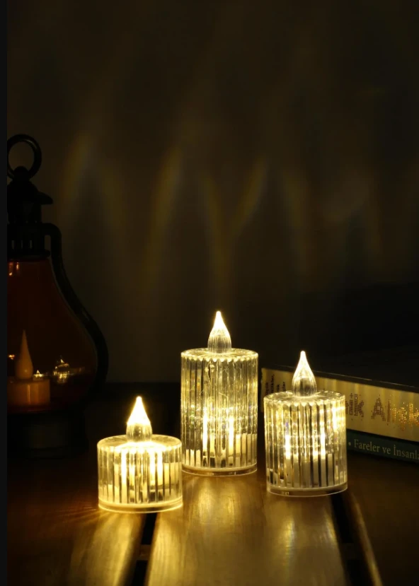 3lü Kristal Desenli Led Mum Seti Pilli Dumansız Alevli Ledli Dekoratif Yapay Mum - Resim 3
