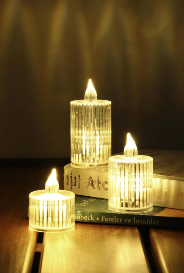 3lü Kristal Desenli Led Mum Seti Pilli Dumansız Alevli Ledli Dekoratif Yapay Mum - Resim 5