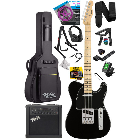 Midex TLX-50BK-25AMP Tele Kasa Maple Klavye 2 Single-Coil 25W Amfili Elektro Gitar