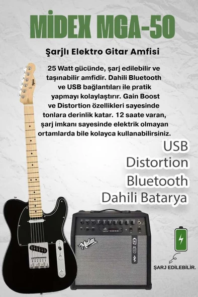 Midex TLX-50BK-50AMP Tele Kasa Maple Klavye 2 Single-Coil 50W Amfili Elektro Gitar - Resim 2