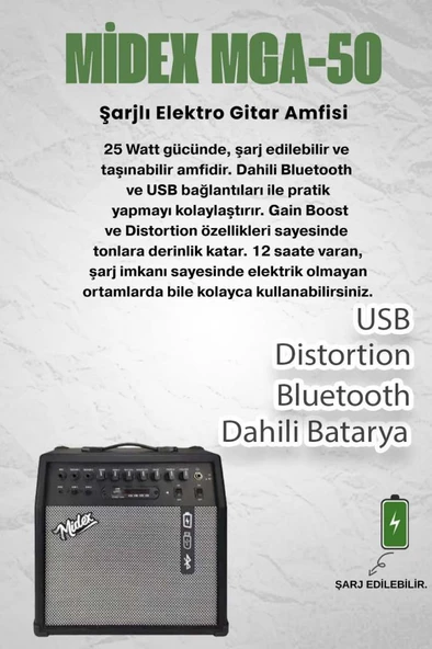 Midex MGA-50BK Elektro Gitar Amfisi 50 Watt USB Bluetooth Şarjlı 4 girişli - Resim 2