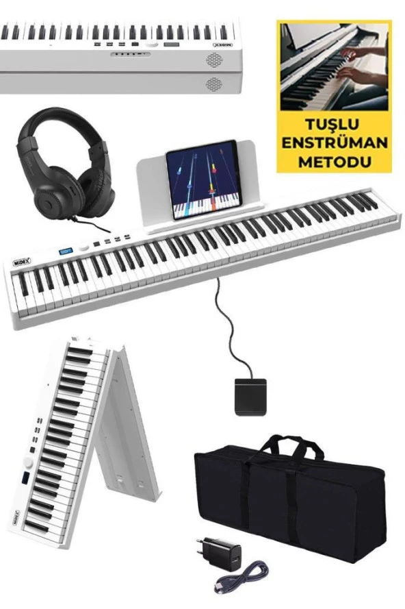 Midex Plx-100Wh Taşınabilir Dijital Piyano Tuş Hassasiyetli 88 Tuş Bluetooth Şarjlı (Sustain Pedalı Kulaklık Çanta Metod)