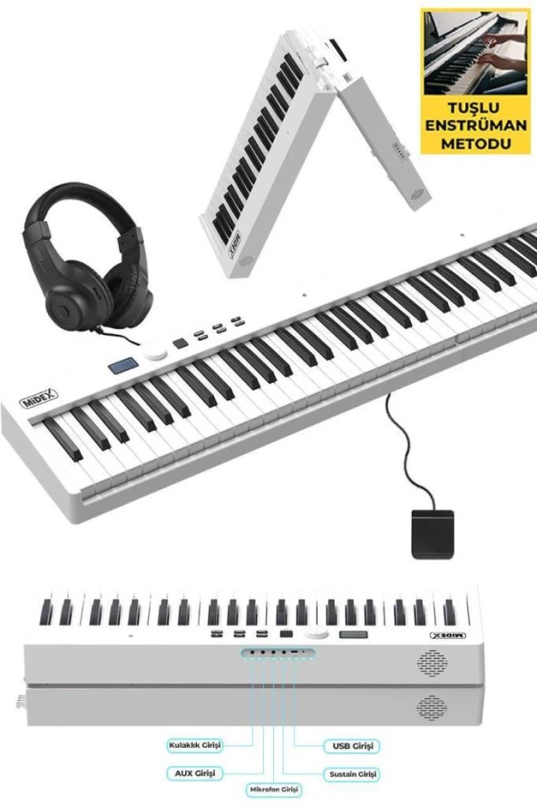 Midex Plx-100Wh Taşınabilir Dijital Piyano Tuş Hassasiyetli 88 Tuş Bluetooth Şarjlı (Sustain Pedalı Kulaklık Çanta Metod) - 2