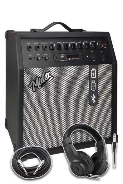 Midex MGA-50BK-HD Elektro Gitar Amfisi 50 Watt USB Bluetooth Şarjlı 4 girişli (Kulaklık ve Kablo Dahil) - Resim 3