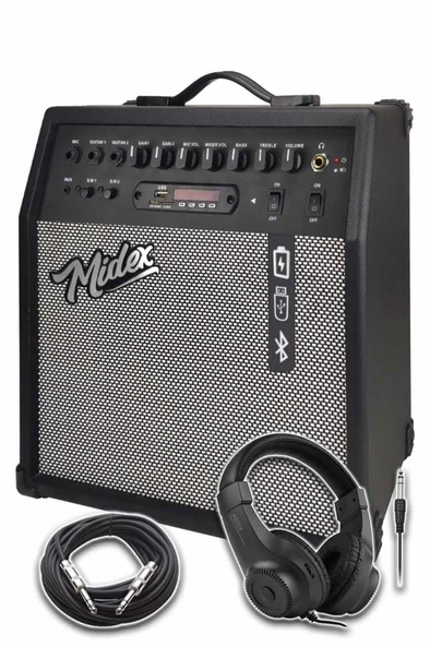 Midex MGA-50BK-HD Elektro Gitar Amfisi 50 Watt USB Bluetooth Şarjlı 4 girişli (Kulaklık ve Kablo Dahil) - Resim 4