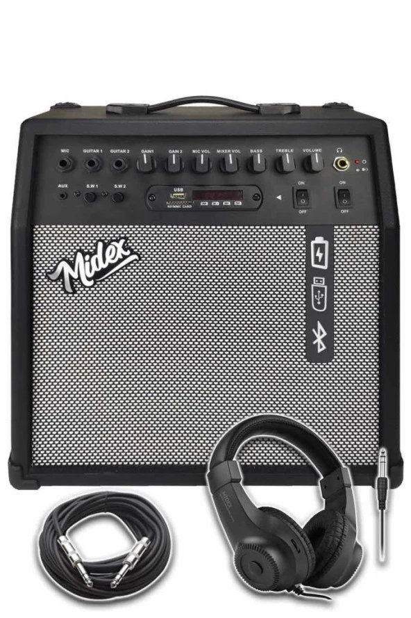 Midex MGA-50HD Elektro Gitar Amfisi 50 Watt USB Bluetooth Şarjlı 4 girişli (Kulaklık ve Kablo Dahil)