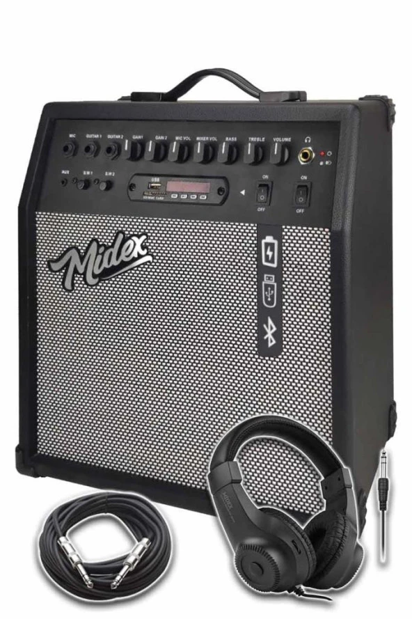Midex MGA-50HD Elektro Gitar Amfisi 50 Watt USB Bluetooth Şarjlı 4 girişli (Kulaklık ve Kablo Dahil) - 3