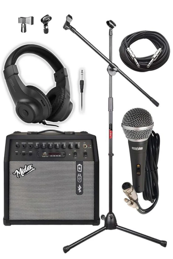 Midex MGA-50-PAK Elektro Gitar Amfisi 50 Watt USB Bluetooth Şarjlı 4 girişli (Mikrofon Kulaklık Stand Kablo)