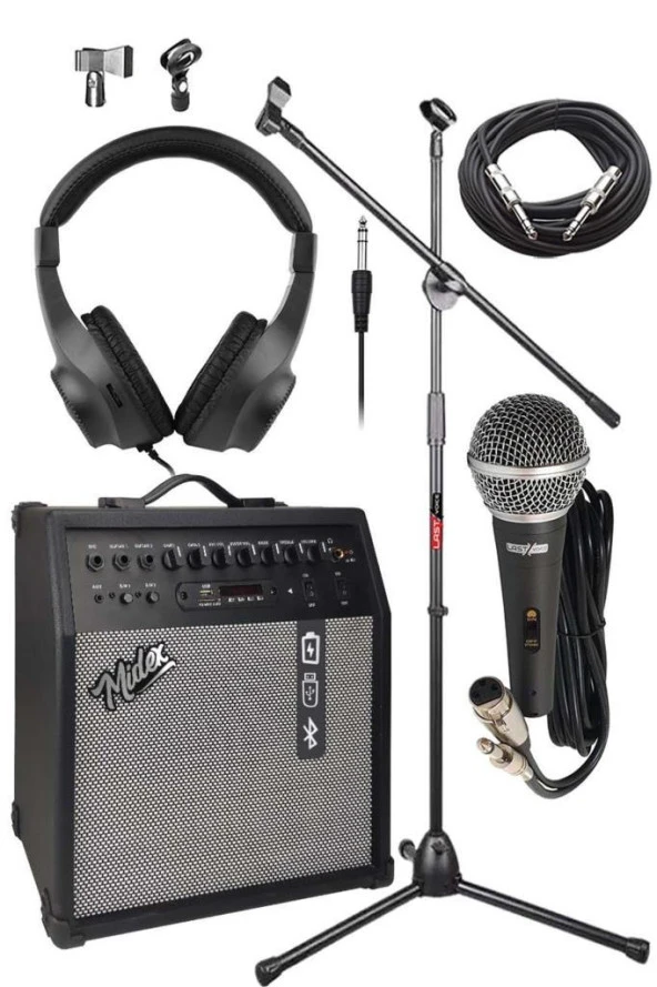 Midex MGA-50-PAK Elektro Gitar Amfisi 50 Watt USB Bluetooth Şarjlı 4 girişli (Mikrofon Kulaklık Stand Kablo) - 2