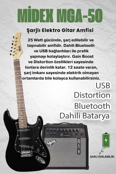 Midex RPH-30BK-50AMP Gül Klavye SSS 50W Amfili Elektro Gitar Seti - Resim 2
