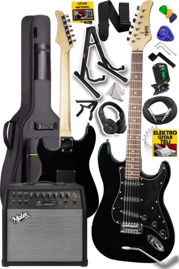 Midex RPH-30BK-50AMP Black Elektro Gitar Seti 50 WATT Bluetooth Şarjlı Amfi Kulaklık Full SET