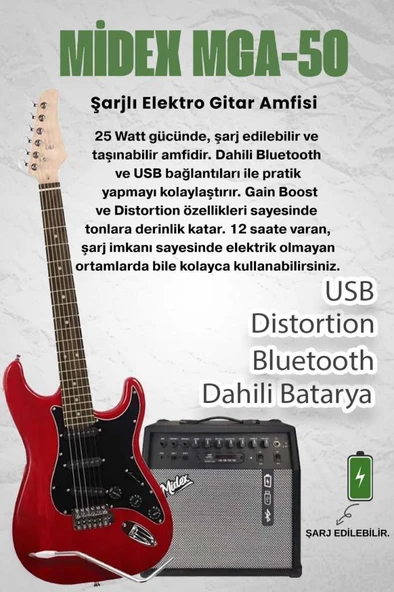 Midex RPH-30RD-50AMP Gül Klavye SSS 50W Amfili Elektro Gitar Seti - Resim 2