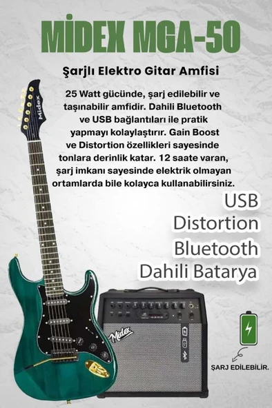 Midex GLC-40GR-50AMP Elektro Gitar Seti 50 WATT Şarjlı BT Amfi Kulaklık ve Full SET - Resim 2