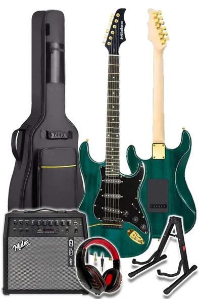 Midex GLC-40GR-50AMP Elektro Gitar Seti 50 WATT Şarjlı BT Amfi Kulaklık ve Full SET - Resim 3