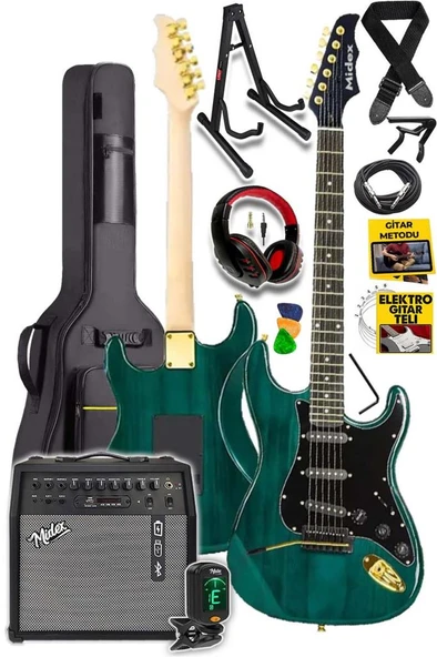 Midex GLC-40GR-50AMP Elektro Gitar Seti 50 WATT Şarjlı BT Amfi Kulaklık ve Full SET ürün görseli 1