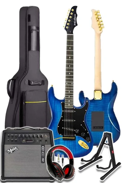 Midex GLC-40BL-50AMP Elektro Gitar Seti 50 WATT Şarjlı BT Amfi Kulaklık ve Full SET - Resim 3