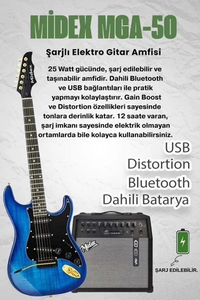 Midex GLC-40BL-50AMP Elektro Gitar Seti 50 WATT Şarjlı BT Amfi Kulaklık ve Full SET - Resim 2