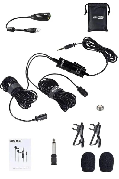 Hepa Merz HM-156 PRO Çiftli Yaka Mikrofonu Kamera Pc Telefon Röportaj (Android-İos Mac) - Resim 3