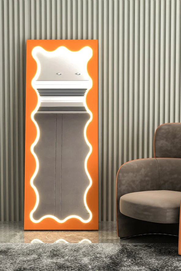 GİVAYO WOOD'SNEON LED IŞIKLI ÇERÇEVELİ TURUNCU BOY AYNASI 160X55