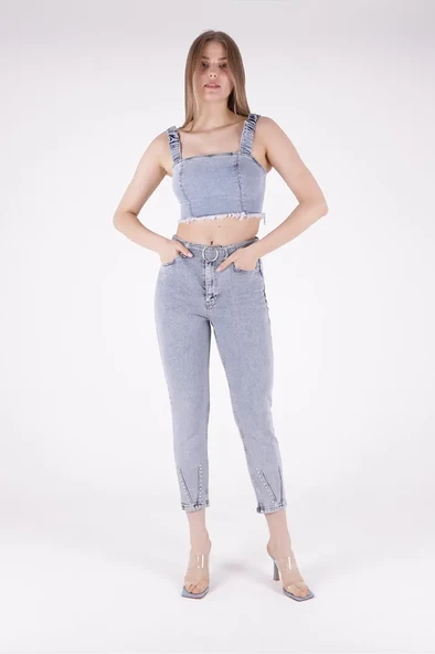 Paçaları Dekoratif Damla Taşlı Yüksek Belli Cepli Bilek Boylu Kadın Kot Pantolon Kar AçıkMavi Denim - 1