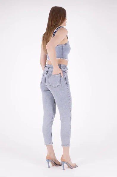 Paçaları Dekoratif Damla Taşlı Yüksek Belli Cepli Bilek Boylu Kadın Kot Pantolon Kar AçıkMavi Denim - 4