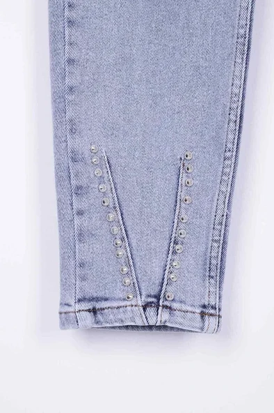 Paçaları Dekoratif Damla Taşlı Yüksek Belli Cepli Bilek Boylu Kadın Kot Pantolon Kar AçıkMavi Denim - 3